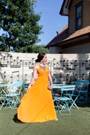 orange pleated dress