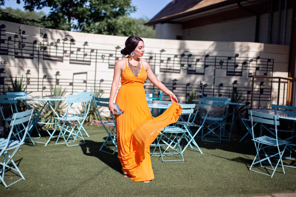 orange pleated dress